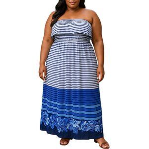Heart Soul Plus Size XL Maxi Dress Ruffle Strapless Striped Floral Blue White